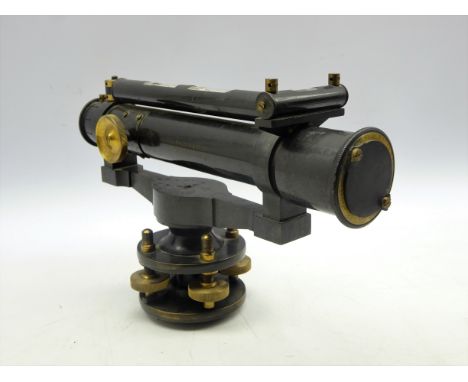 Black lacquered Surveyors level inscribed 'J Halden &amp; Co London and Manchester' with 4 foot screws L31cms in mahogany box
