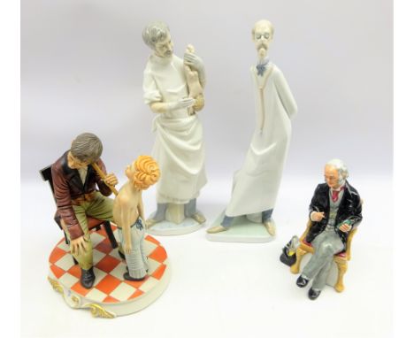 Two Lladro figures; 'Obstetrician' and another Doctor, H37cm, Royal Doulton figure 'The Doctor' and a Capodimonte model of a 