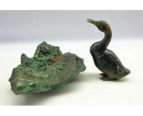 Malachite crystal specimen and a carved green hard stone model of a duck, H15cm 