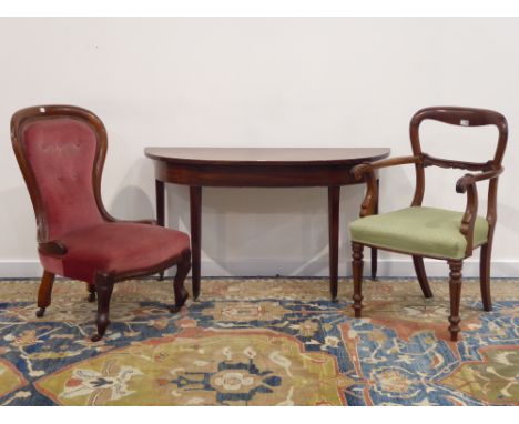 Early 19th century demi-lune console table (W122cm, H67cm, D49cm), William IV mahogany armchair and a Victorian mahogany spoo