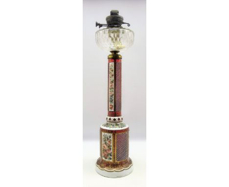 Late 19th century Bohemian overlaid ruby glass table oil lamp decorated with panels of flowers, H57cm  Condition Report & Fur