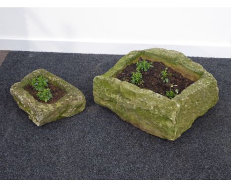 Small weather stone trough (34cm x 27cm, and a rectangular stone trough (49cm x 42cm), both planted 