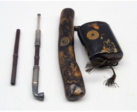 Japanese Tonkotsu and Root wood pipe case, Edo period (19th Century) inlaid with imitation Chinese and Japanese coins, fitted