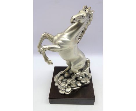 Italian silver coated model of a rearing horse on a wooden base, H39cm 