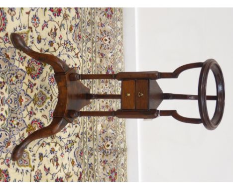 19th century elm and oak tripod wash basin stand, two small drawers, three splayed supports, H82cm