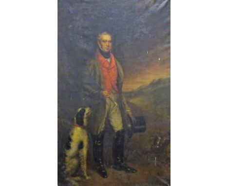 George Dodgson Tomlinson (1809 - 1884) Full length life size oil portrait of John Starkey in hunting dress holding a riding c