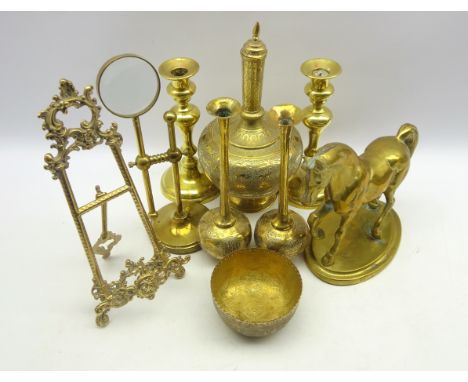 Pair of 19th Century brass candlesticks, brass magnifying glass on adjustable table stand, ornate brass table easel, cast bra