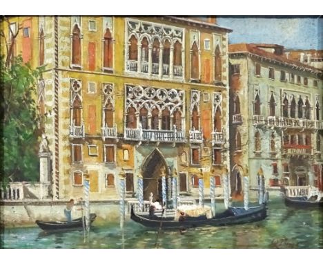 R James (20th century): Venetian Canal Scene, oil on wood panel, signed 15cm x 20cm