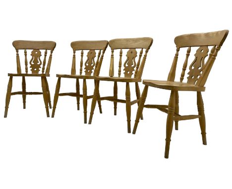 Set of four beech farmhouse dining chairs, shaped cresting rail over turned stick back and fiddle pierced splat, dished seat 