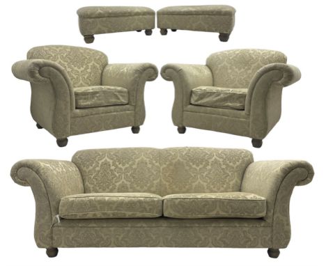 Traditional design three-piece lounge suite - three-seat sofa (W220cm, H90cm, D90cm); two armchairs (W115cm); and two footsto