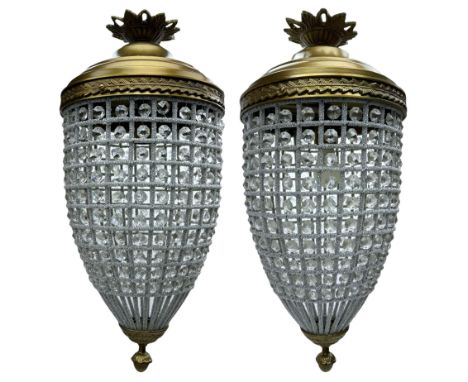 India Jane Interiors - pair of gilt metal and glass pineapple ceiling light pendants, tapered form and decorated with glass b
