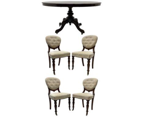 Victorian mahogany loo or dining table, oval moulded tilt-top on turned pedestal, four out splayed supports with scrolled car