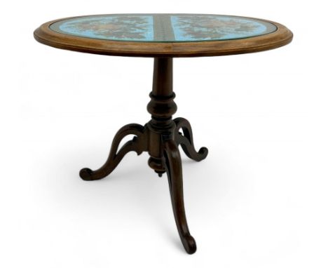 Victorian mahogany pedestal table, oval top inlaid with tapestry under glass, turned central pedestal with pointed finial, on