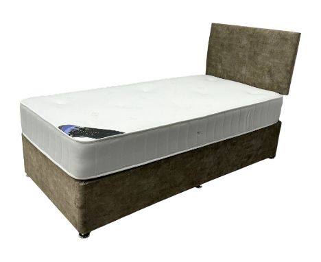 Single size divan bed, upholstered in light gold fabric with high padded headboard; with Beauty Sleep 'Knightsbridge' 13.5 Ga