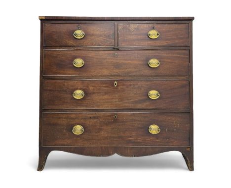 George III mahogany chest, rectangular cross banded top above two short and three long graduating cockbeaded drawers, shaped 