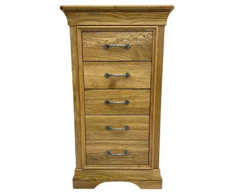 Contemporary light oak pedestal chest, moulded cornice and chamfered rectangular top with rounded fronts, over five drawers w