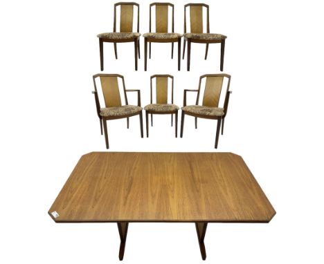 G-Plan -  1970s teak extending dining table, pull-out extending action with fold-out leaf, rectangular end supports on sledge