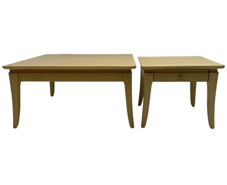Skovby - maple square coffee table on tapering splayed supports (82cm x 82cm, H42cm); matching lamp table with single drawer 