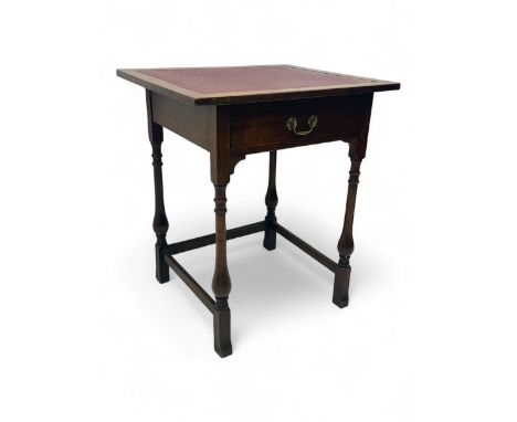 Early 20th century oak walnut lamp or side table, rectangular top with red leather insert, over single drawer with felt linin