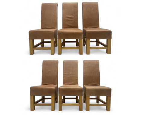 Set of six contemporary light oak dining chairs, each with high back and seat upholstered in pale tan leather, on square supp