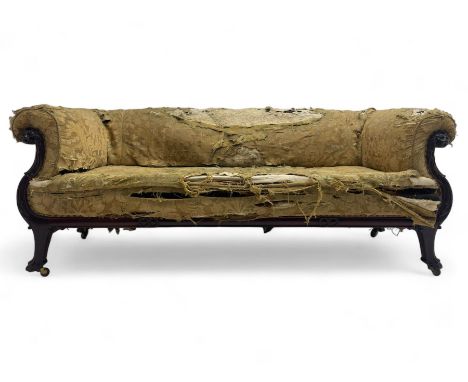 19th century mahogany settee, rolled S-scrolled arms carved with lion masks and acanthus leaf scrolls, the lower moulded rail