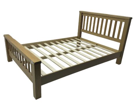 Light oak 4' 6" double bedstead, slat headboard and footboard, on square supportsDimensions: Height:&nbsp;105cm&nbsp; Length/