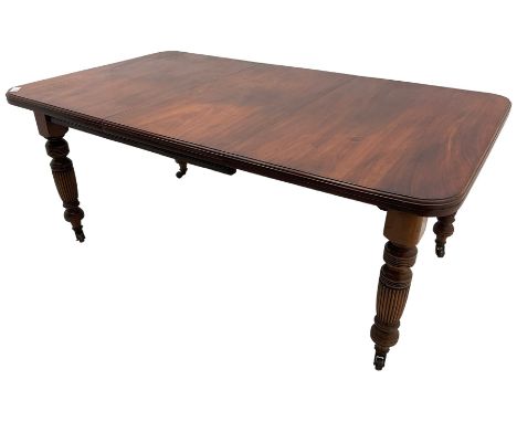 19th century mahogany extending dining table, telescopic action extending top, moulded rectangular top with rounded corners, 
