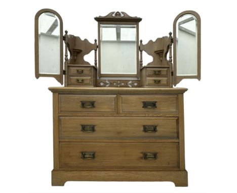 Late Victorian satin walnut dressing table, central mirror with carved crest flanked by two adjustable side mirrors, each sup