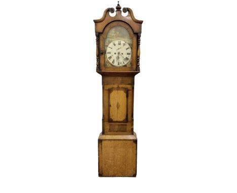 Late 19th century - oak and mahogany 8-day longcase clock, with a swan necked pediment, break arch hood door beneath flanked 