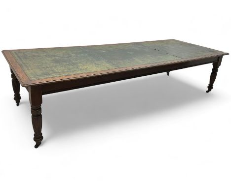 Large 10' 7'' late Victorian oak boardroom table, moulded rectangular top with inset green leather surface, on turned and ree