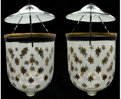 India Jane Interiors - pair of glass hanging lanterns, clear glass bell jars decorated with gold starburst patterns, each top