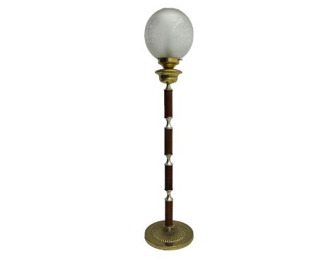 Victorian brass and wood standard lamp, frosted glass globe shade with etched floral design, brass collar above reeded wooden