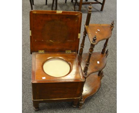 A Victorian mahogany box commode, ceramic liner, turned supports; a Victorian mahogany corner whatnot (faults) (2).