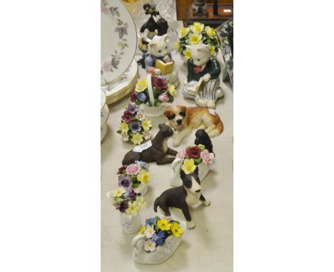 Decorative Ceramics - resin models of Dogs; Aynsley flower posies; ceramic models of Cats; a resin model of Blue Tits on a wa