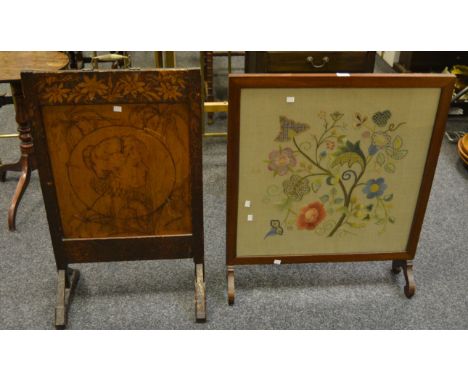A mahogany framed tapestry firescreen; another. (2)