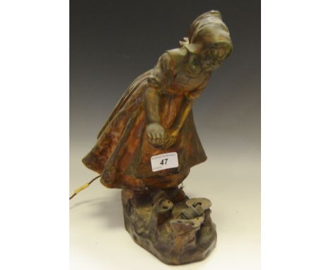 A French bronze figural lamp base cast in the form of Dutch girl, impressed signature to base, Simon