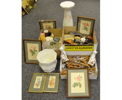 Household Goods - framed prints; framed Cash's silks; a Continental jardiniere and stand painted with lilies; flatware - boxe
