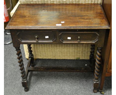 A 19th century oak hall table, bobbin turned supports , H - stretcher 