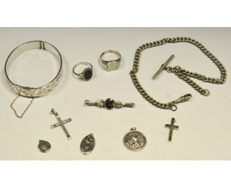 Silver - a hinged bangle, a silver and Blue John brooch, a Blue John and silver ring, a silver cross; a silver signet ring;  