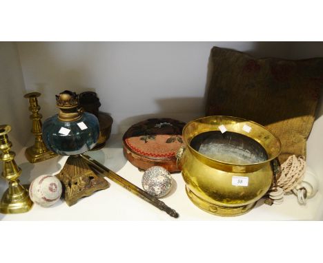 Household Goods - a pair of George III brass ejector candlesticks; a brass jardiniere; lion mask handles; a pair of Victorian