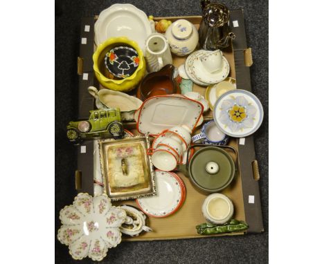 Ceramics - a Staffordshire part tea service; a Shelley saucer; a novelty thermometer car; a Fielding & Co. cheese dish; etc.