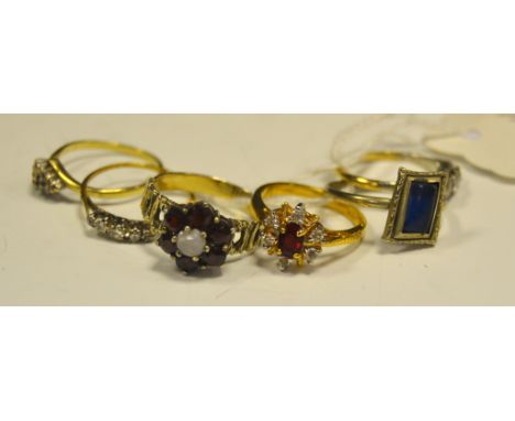 Dress Rings - a garnet and opal cluster ring, silver shank;  a diamond chip ring, 9ct gold shank;  etc 