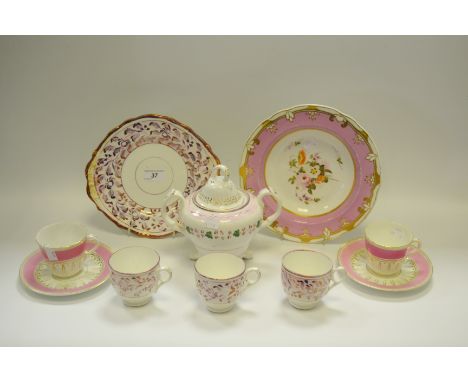 Ceramics - Sunderland pink lustre cups, bread and butter plate, sucrier; etc qty