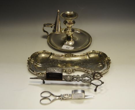 A 19th century Sheffield plated chamber candlestick, with conical douter and original mini wick trimmer, 15cm diam, c.1890;  