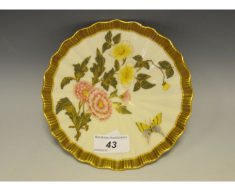 A  Worcester blush ivory bonbon dish, painted with butterfly and flowers, fluted rim (faults)