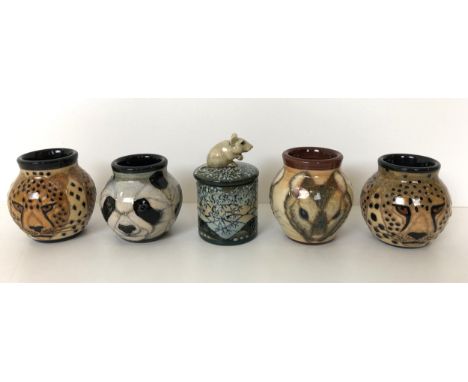 A Dennis Chinaworks vase, decorated a mouse, 5 cm high, three others, and a vase with a lid, with mouse finial (5) 