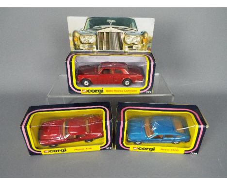 Corgi - Three boxed diecast model cars by Corgi. Lot consists of Corgi #279 Rolls Royce Corniche; #338 Rover 500; #319 Jaguar