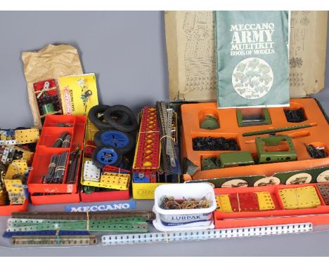 Meccano - A boxed Meccano Army Multikit set and a box with a large quantity of loose Meccano construction parts. They are unc