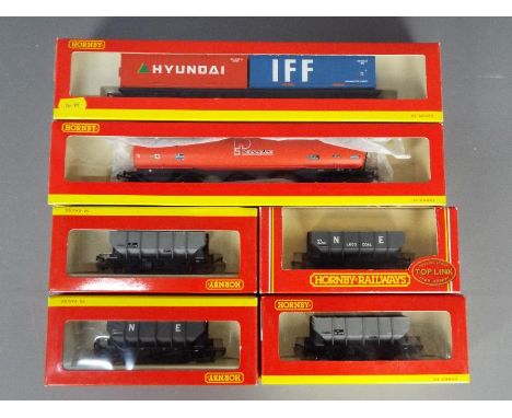 Hornby - 6 x boxed 00 gauge wagons including # R6139 2 x 30 ft containers in IFF and Hyundai livery, # R6284 100 Ton Tank wag