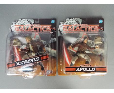 Joyride - Two carded Battlestar Galactica action figures by Joyride, including Apollo and Starbuck. Both figures appear Mint 
